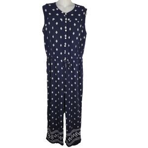 Ann Taylor Loft Womens Medium Jumpsuit Navy Blue IKAT Print Drawstring Waist